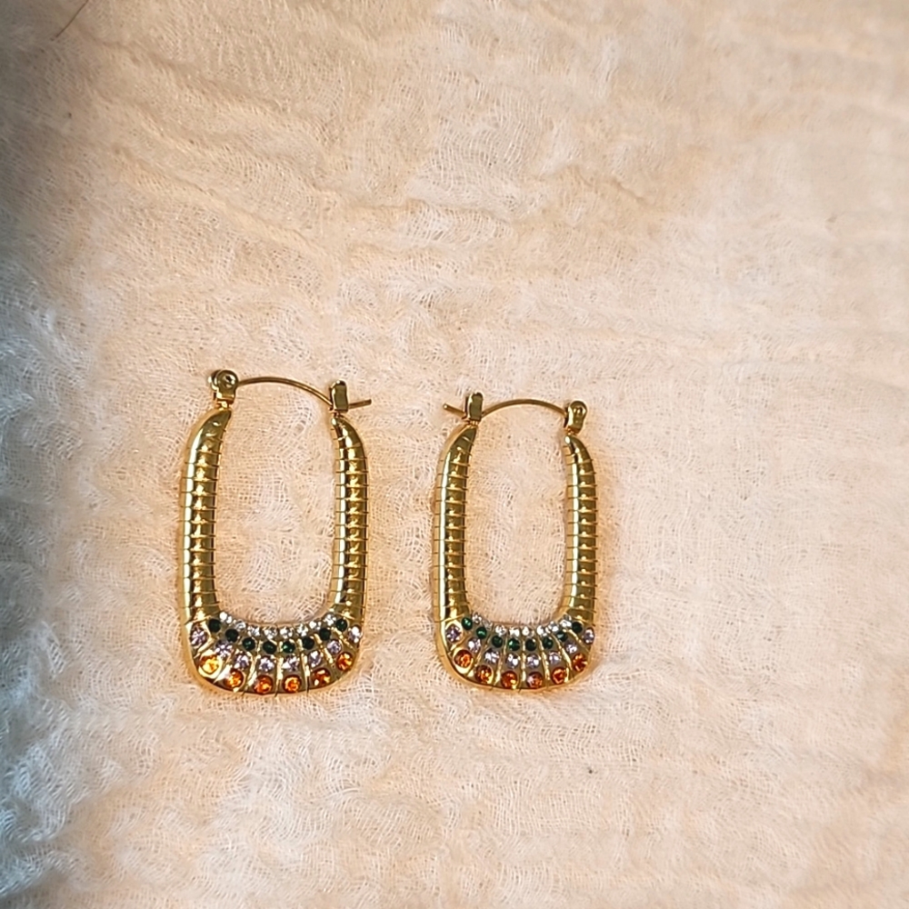 18k Gold Plated Stainless Steel Rhinestone oval hoops